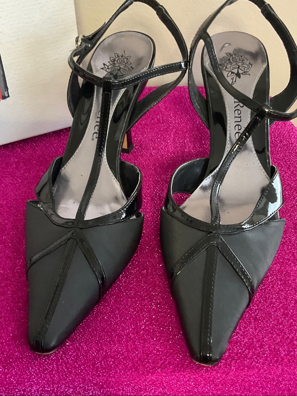 J.Renee Black Pointed T-Strap Slingback Heels